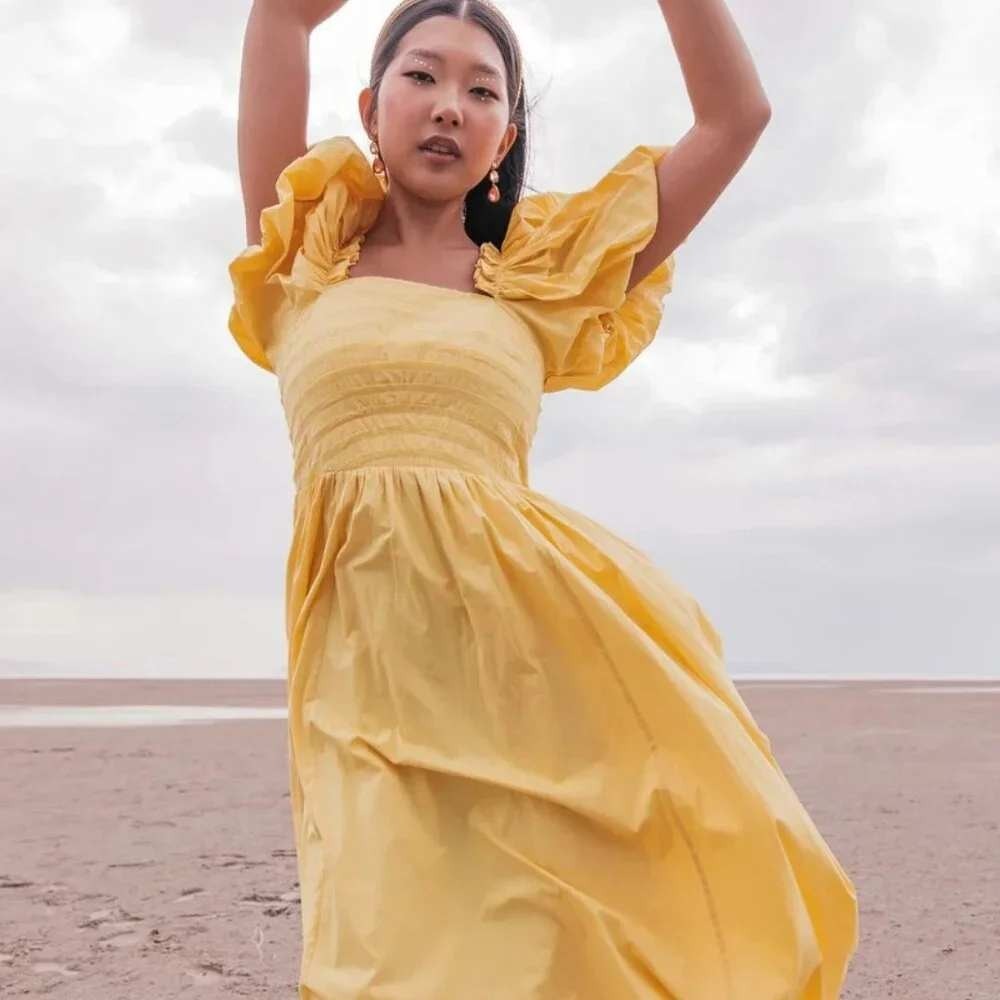 JessaKae Yellow Smocked Puff Sleeve Cotton Midi Dress Womens L Cottagecore